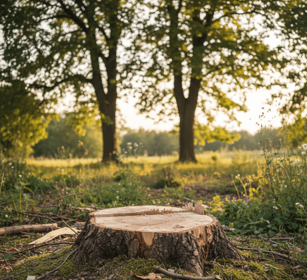 baumstumpf mit bäumen im hintergrund